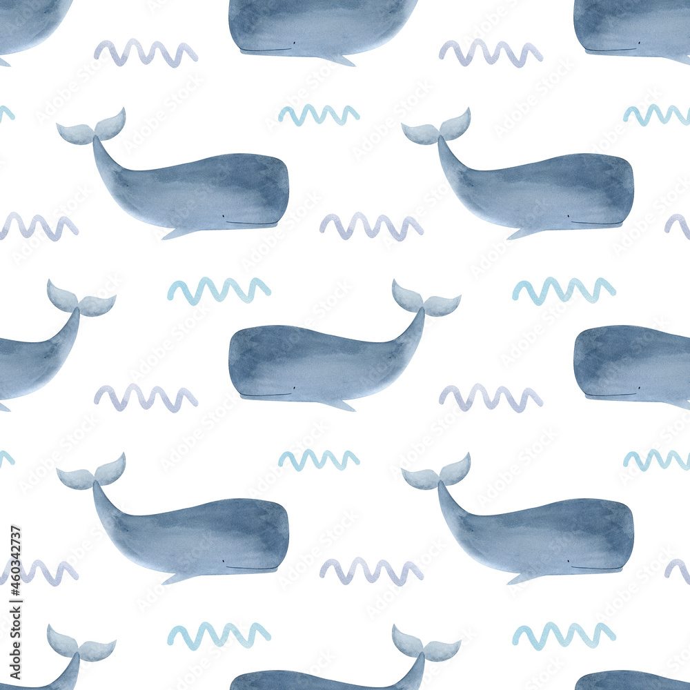 Fototapeta premium Sea animals seamless pattern watercolor. Ocean animal patterns, Whale animal background. Nautical marine illustration