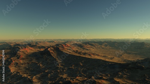 Exoplanet fantastic landscape. Beautiful views of the mountains and sky with unexplored planets. 3D illustration