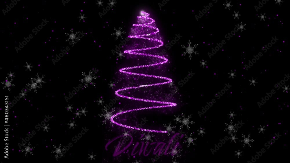 Animation od snow falling over diwali text and neon christmas tree on black background Animation od snow falling over diwali text and neon christmas tree on black background