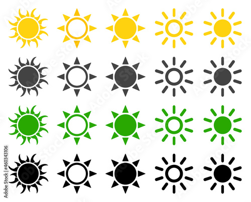 snvi54 SetNewVectorIllustration snvi - 20 Sonnen Set . icons . Sonnenstrahlen - english - sun symbols . sunlight - yellow, gray, green, black vector illustration . AI10 / EPS10 . g10754
