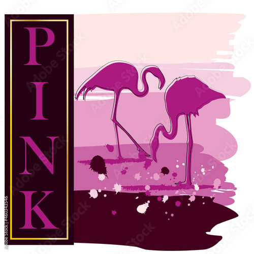 Two pink flamingos on an abstract pink background. Postcard, flyer, party poster, t-shirt print