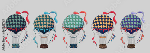 Set of Vintage hot air balloon. Different balloon aerostat collection. Color air balloons isolated. Large bag filled with hot gas and basket.
Flying transport. Hand drawn vintage style flight airship.