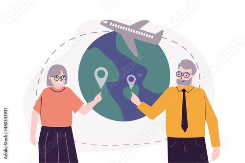 Old tourists choose place to travel on planet earth. Elderly travelers searching and planning trip or journey. Summer vacation and recreation for grandparents