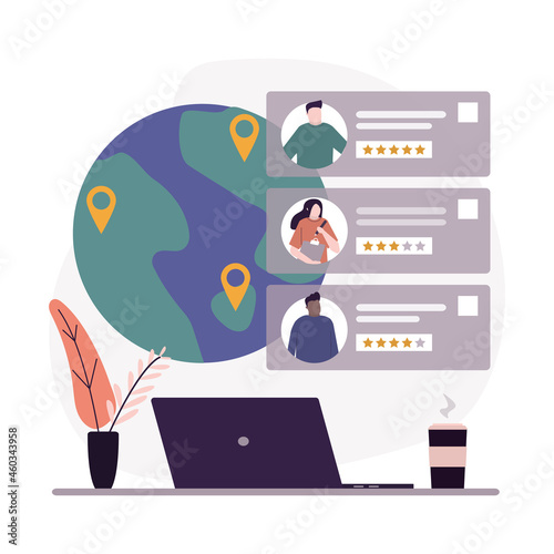 Searching and hiring workers for business company. Search laborer through internet network. Online recruitment staff and cv resume concept. World map with global connections. Flat vector illustration