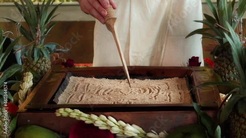 Flowers and fruits for offering at the Yagya fire ceremony hindu photo