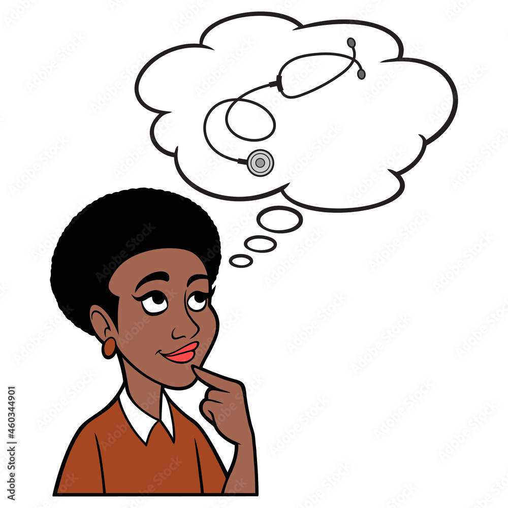 Woman thinking about a Doctors Stethoscope - A cartoon illustration of a woman thinking about a Doctors Stethoscope. Woman thinking about a Doctors Stethoscope - A cartoon illustration of a woman thinking about a Doctors Stethoscope.