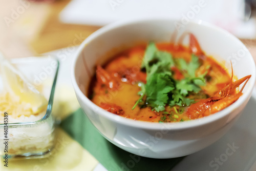 Tom Yam soup with crayfish. Selective focus