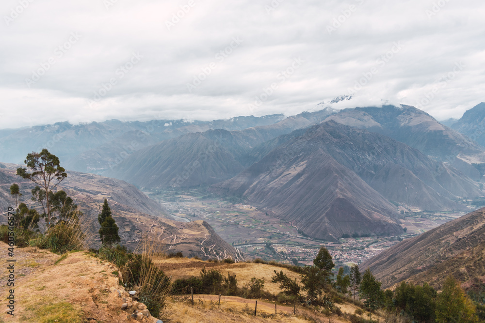 Urubamba viewpoint located in the Sacred Valley of the Incas in Cusco Peru with a view of the mountains and snow-capped mountains of the place surrounded by vegetation and trees