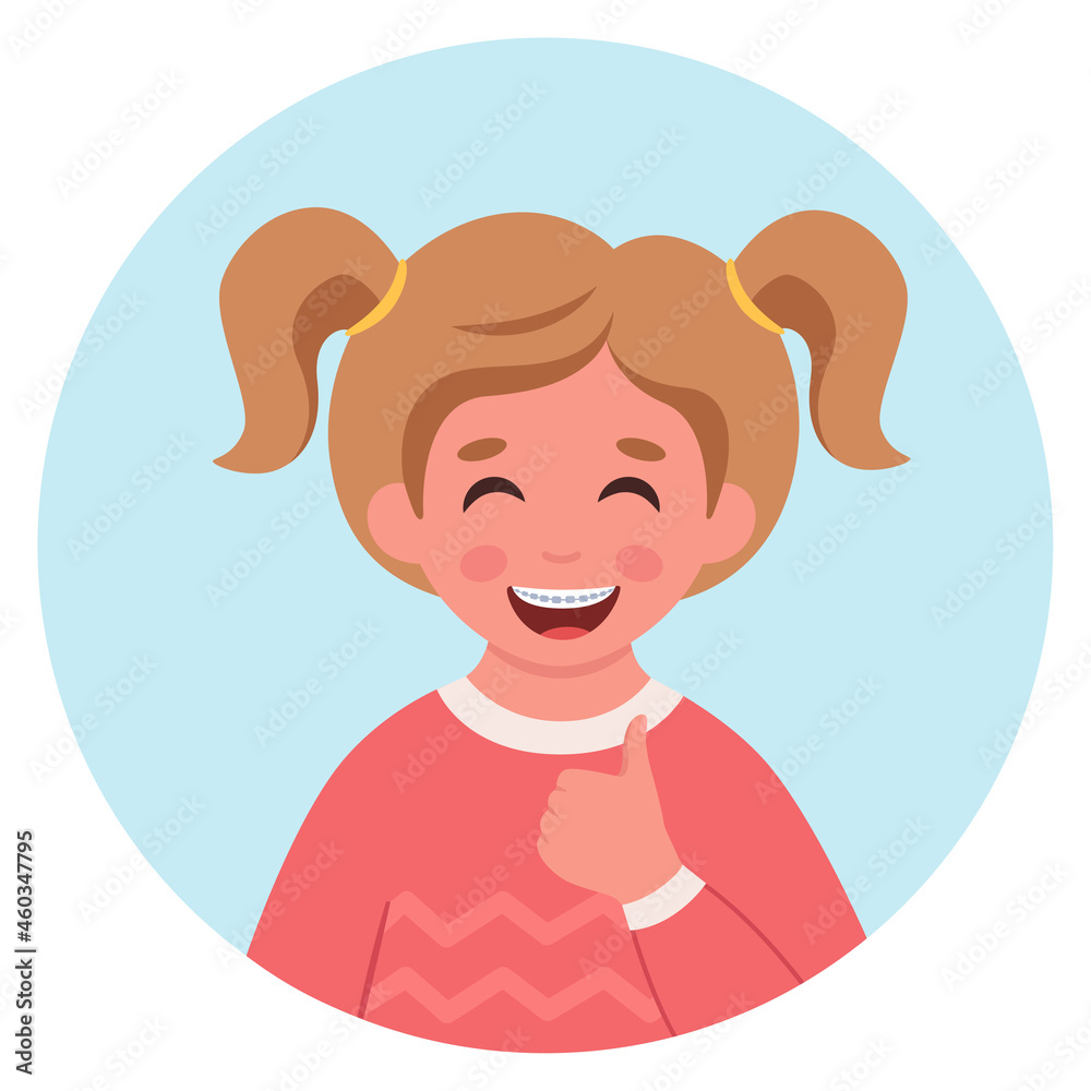 Girl with braces on teeth. Elementary school student. Vector illustration Girl with braces on teeth. Elementary school student. Vector illustration