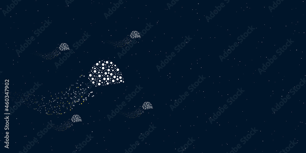 A tourist tent filled with dots flies through the stars leaving a trail behind. Four small symbols around. Empty space for text on the right. Vector illustration on dark blue background with stars