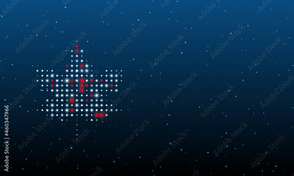 On the left is the maple leaf symbol filled with white dots. Background pattern from dots and circles of different shades. Vector illustration on blue background with stars On the left is the maple leaf symbol filled with white dots. Background pattern from dots and circles of different shades. Vector illustration on blue background with stars