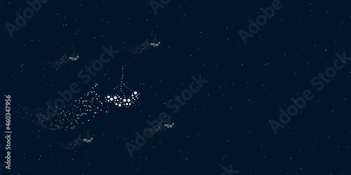 A rowan berry filled with dots flies through the stars leaving a trail behind. Four small symbols around. Empty space for text on the right. Vector illustration on dark blue background with stars