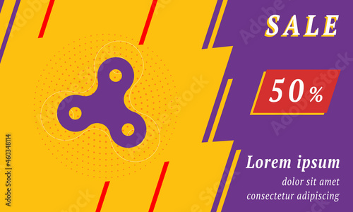 Sale promotion banner with place for your text. On the left is the spinner symbol. Promotional text with discount percentage on the right side. Vector illustration on yellow background