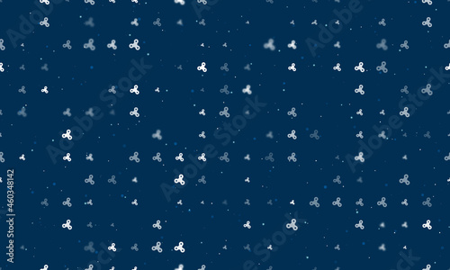 Seamless background pattern of evenly spaced white spinner symbols of different sizes and opacity. Vector illustration on dark blue background with stars