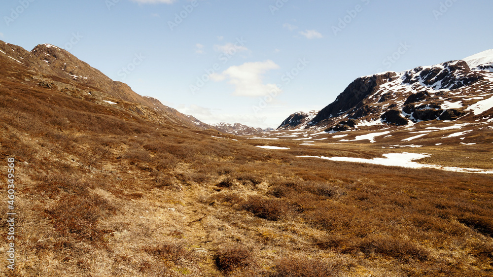 Snowy hill landscapes in the tundra of the Arctic Circle Trail in Greenland.