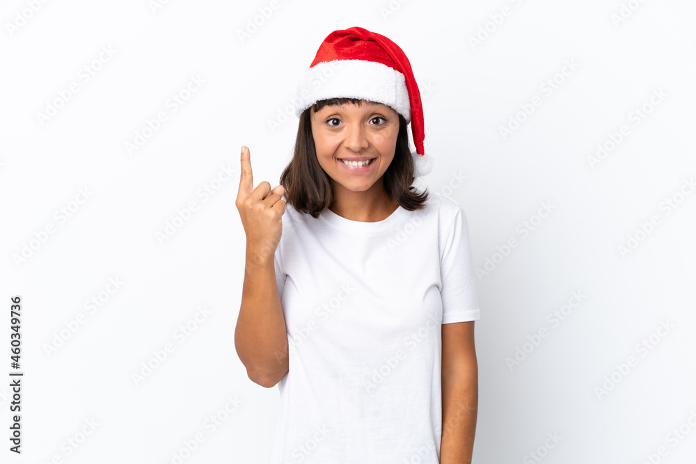Young mixed race woman celebrating Christmas isolated on white background pointing with the index finger a great idea Young mixed race woman celebrating Christmas isolated on white background pointing with the index finger a great idea