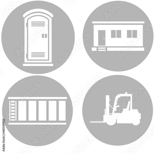Construction equipment rental icons - portable toilet - mobile office - open top dumpster - forklift