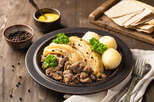 fårikål. Norwegian traditional sheep and cabbage stew. autumn food