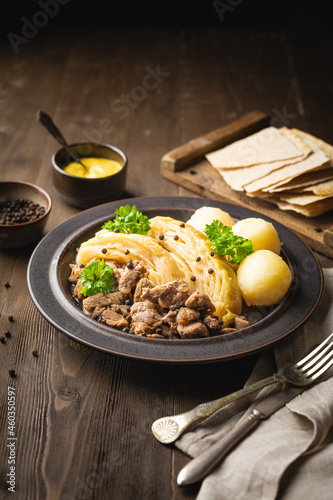 Fårikål. Norwegian traditional autumn food with sheep and cabbage 