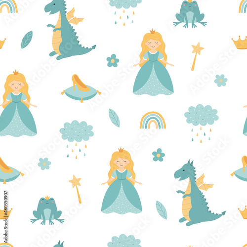 A princess with a dragon. Seamless children's pattern. Magic wand, rainbow, rain cloud,princess slipper, crown, flowers, frog princess. Vector illustration