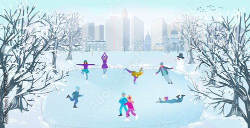 An ice rink in a winter park with people skating on the background of city buildings. Winter outdoor recreation. The concept of a healthy lifestyle. Vector illustration.