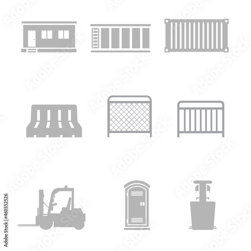 Construction equipment icons / graphics - mobile office - roll off open top dumpster, storage container - barricade - temporary fence - event fence - forklift - portable toilet - hand wash station