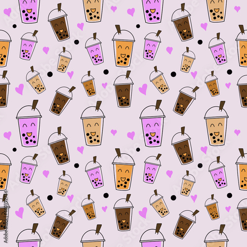 Seamless pattern Illustration cartoon cute ice milk tea bubble and boba in the cup, wallpaper and background