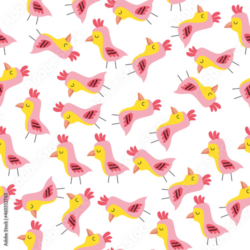 Seamless pattern with pink birds, Cute bird hand-drawn in doodle style. Pattern for packaging. fabric, wallpaper. Vector illustration