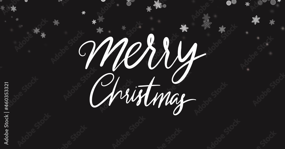Merry Christmas handwriting calligraphy with snowflakes on black background, illustration wallpaper