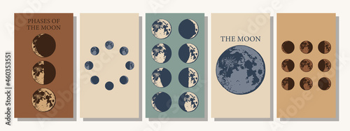 The Moon, Moon Phases in modern colors, contemporary aesthetic poster, background or card template in popular art style