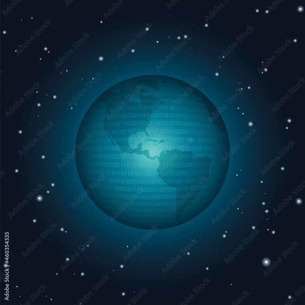 Digital planet earth with binary code, ones and zeros, symbol for worldwide connected artificial intelligence and global digital communication. Vector illustration on starry night background.
