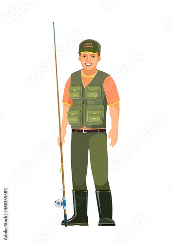 Fisherman. Ordinary and typical. Isolated on white background. Middle aged man character person. Vector