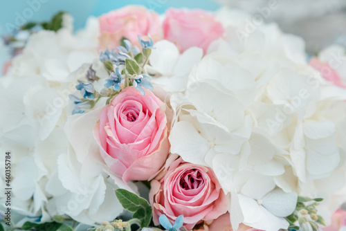 bouquet flowers background white hydrangea flowers and pink roses.