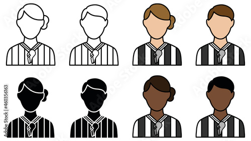 Referee or Coach Avatar Set with Man and Woman - Outline, Silhouette and Color