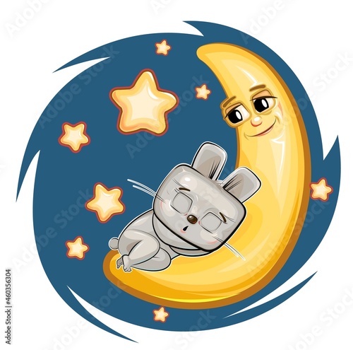 Kid Hare sleeps on the moon. Dreaming a dream. Childrens illustration. Funny Night sky. The baby animal fell asleep. Cartoon style picture. Isolated on white background. Vector