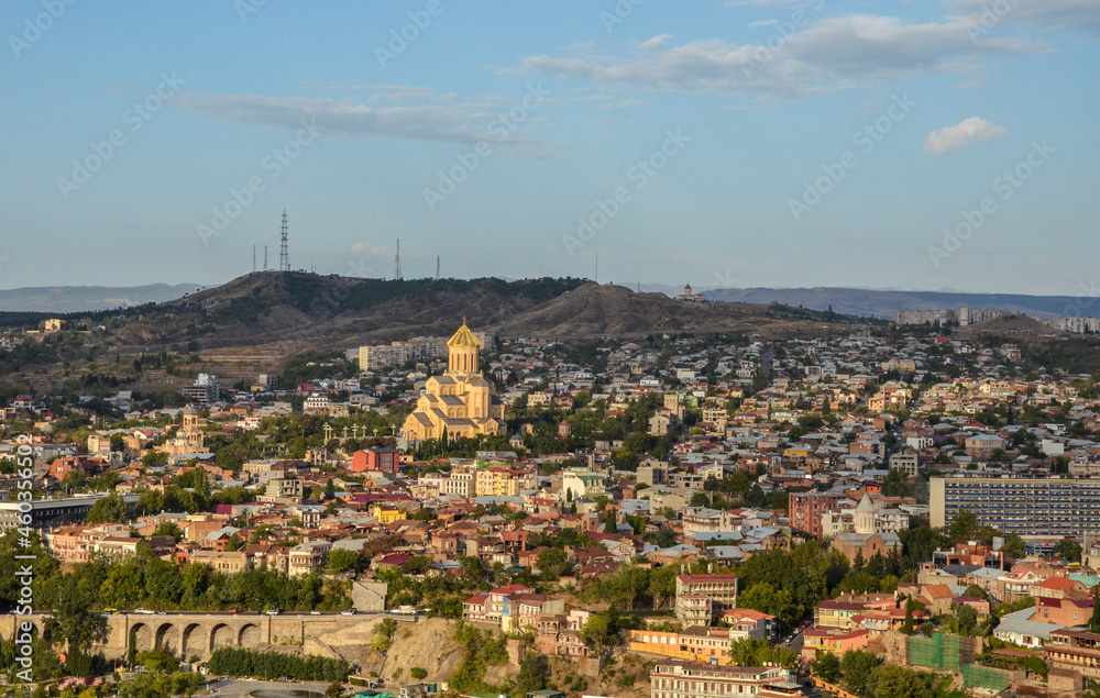 Cityscape of Tbilisi, view to old town and The Holy Trinity Cathedral is a prominent landmark. Georgia