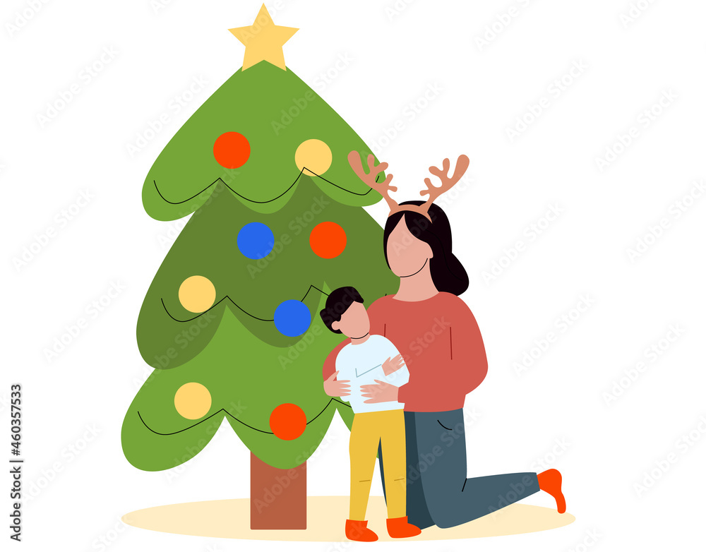 mom and baby are standing near the Christmas tree. In anticipation of the holiday. Christmas tree, holiday, mom and son. Vector illustration