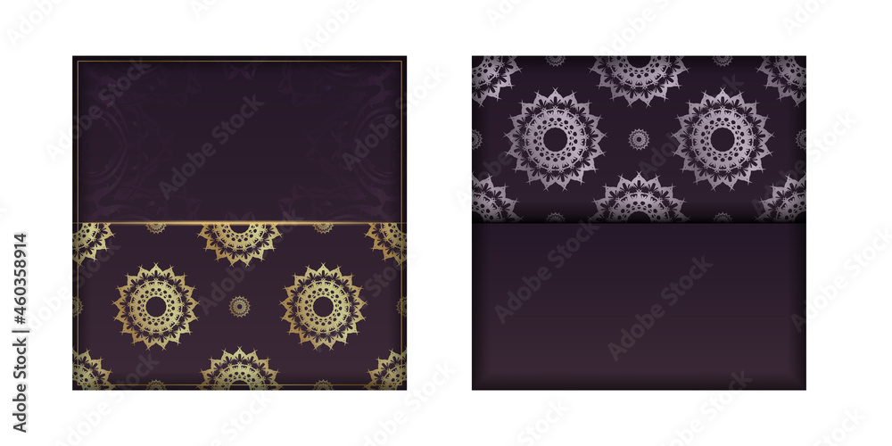 Greeting card in burgundy color with abstract gold pattern for your design.