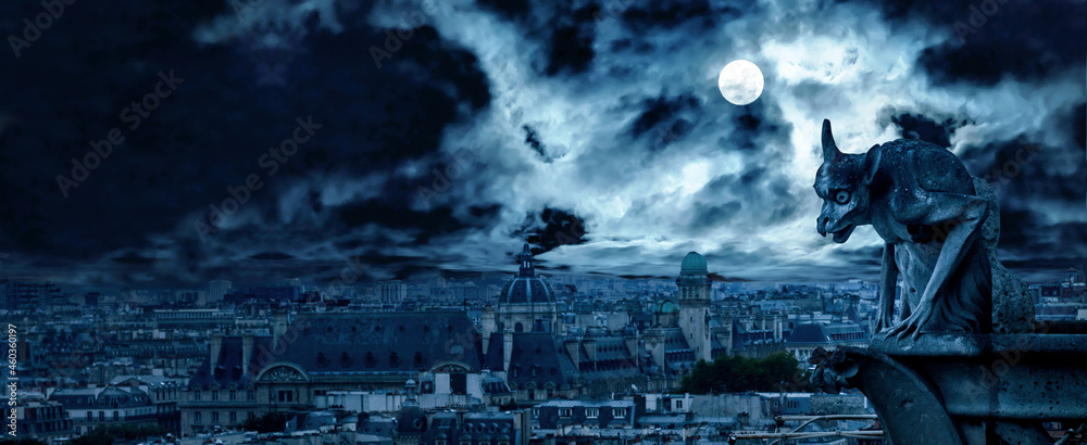 Gargoyle of Notre Dame de Paris on Halloween night, France - obrazy, fototapety, plakaty 