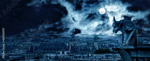 Gargoyle of Notre Dame de Paris on Halloween night, France