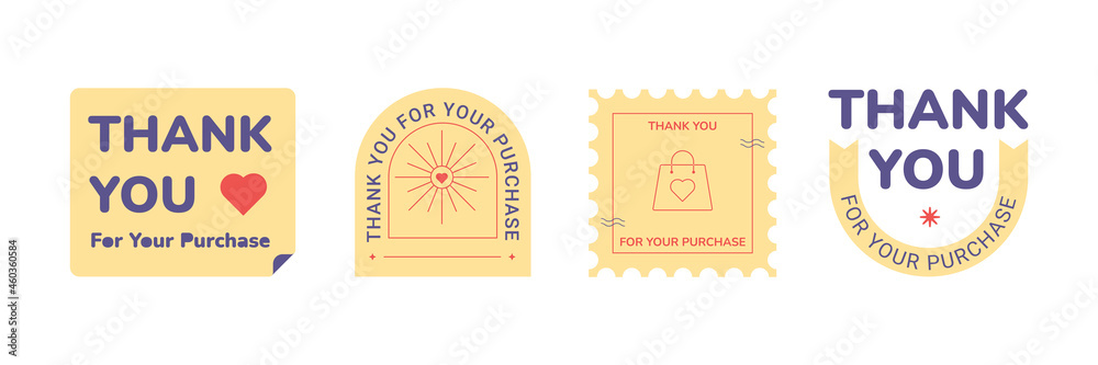 Thank you for your purchase greeting card or sticker. Four style of Thanks for purchase text, typography, emblem. 