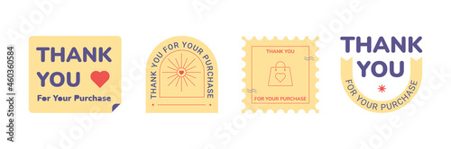 Thank you for your purchase greeting card or sticker. Four style of Thanks for purchase text, typography, emblem. 