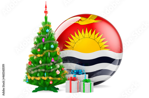 Christmas and New Year in Kiribati, concept. Christmas tree and gift boxes with Kiribatian flag, 3D rendering photo