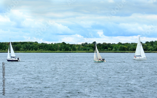 Sailboat race on the Dnieper river in the city of Novaya Kakhovka, Kherson region, Ukraine 09.25.2021. sailing competitions, regatta, sailing