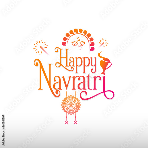 Happy Navratri Text Typography Background with Hindu Goddess Durga Face Illustration	