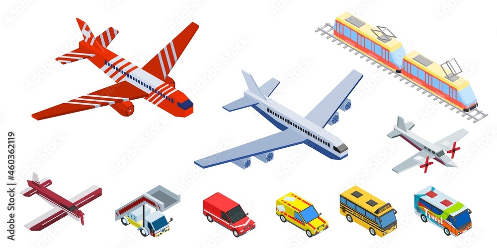 set of airplane cars and tram with bus. drawing in