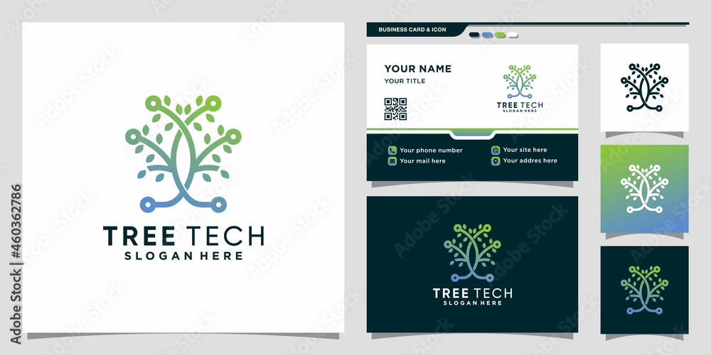 Tree tech logo with line art style and business card design Premium Vector