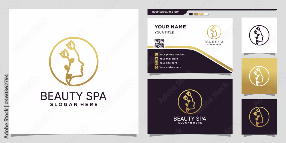 Fototapeta premium Beauty and spa logo with line art style and business card design Premium Vector