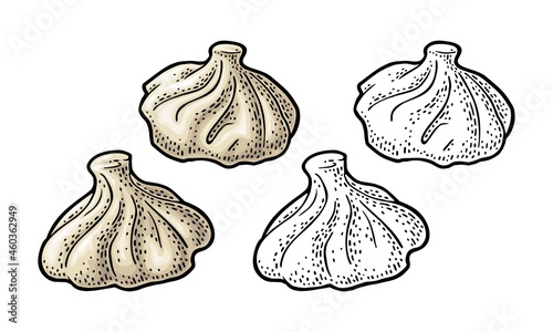 Traditional georgian food khinkali. Vintage color vector engraving