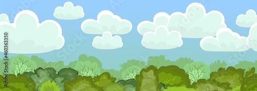 Seamless forest. Treetops and sky. Illustration nature landscape. Dense foliage. Summer. View of the green trees. Cartoon flat style. Vector